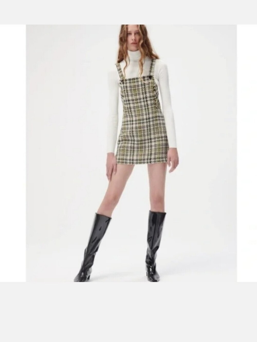 Zara Green and Cream Plaid Tweed Pinafore Mini Skirt